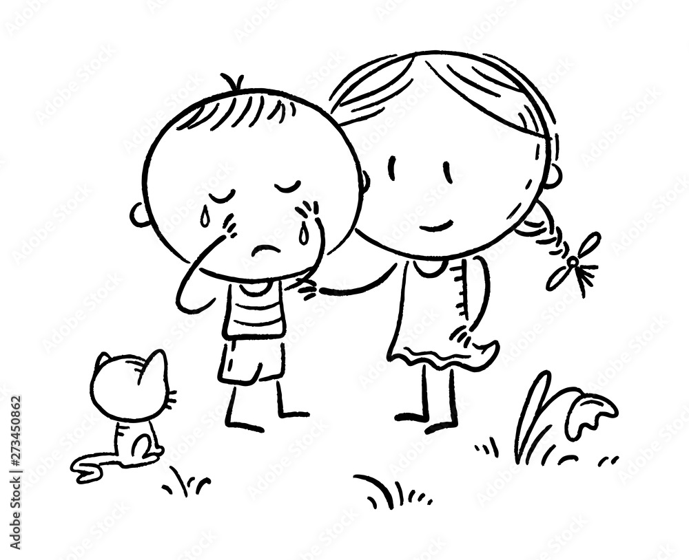 A little boy crying and a girl comforting him, outline A little boy crying and a girl comforting him, outline