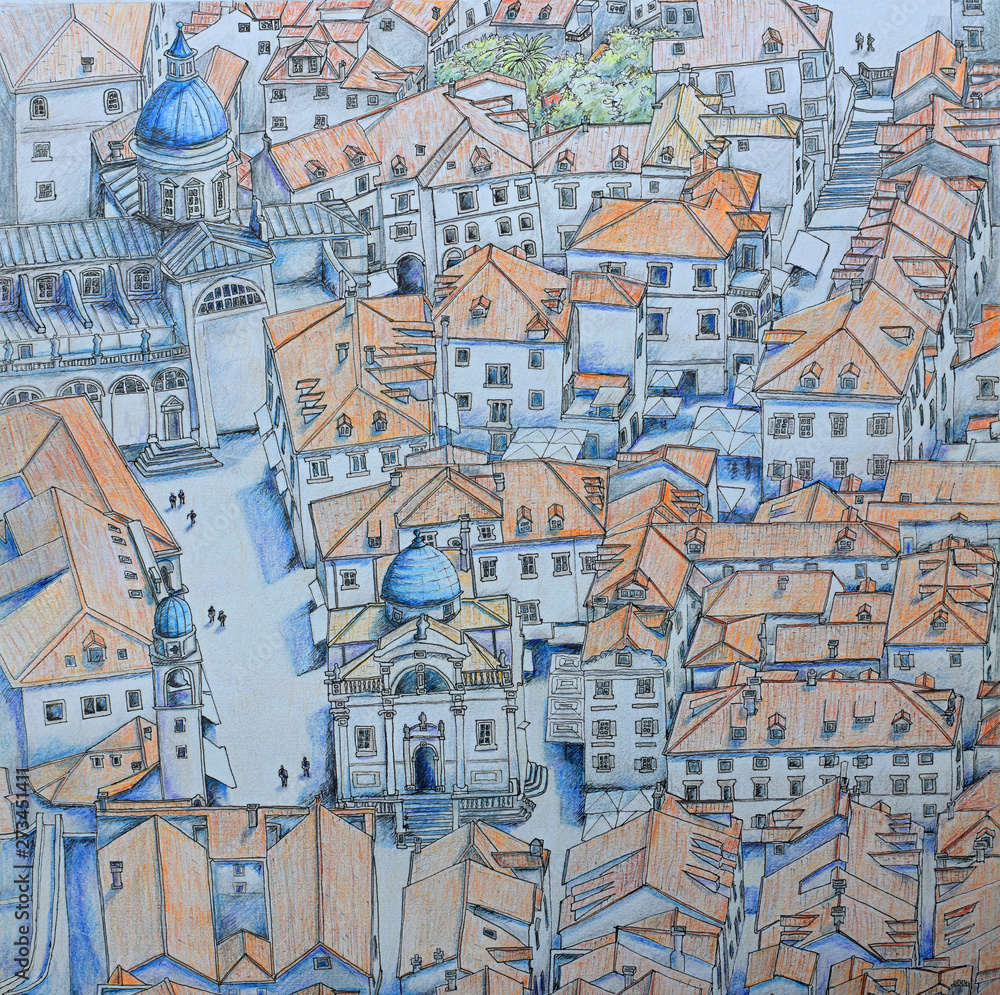 Ink and Coloured Pencil Drawing of Dubrovnik from above