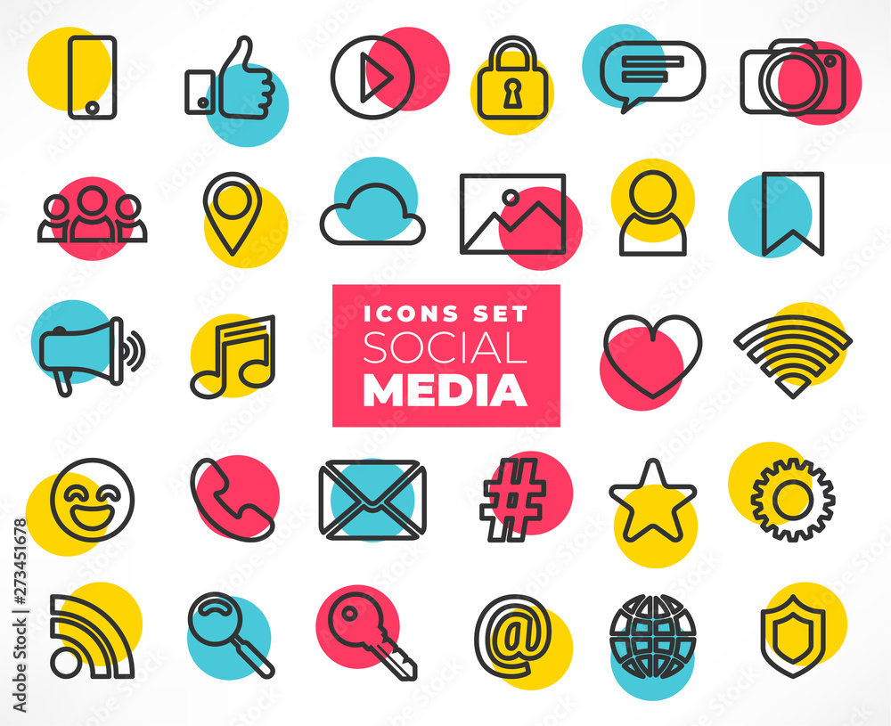 Line social media icons with color circle set