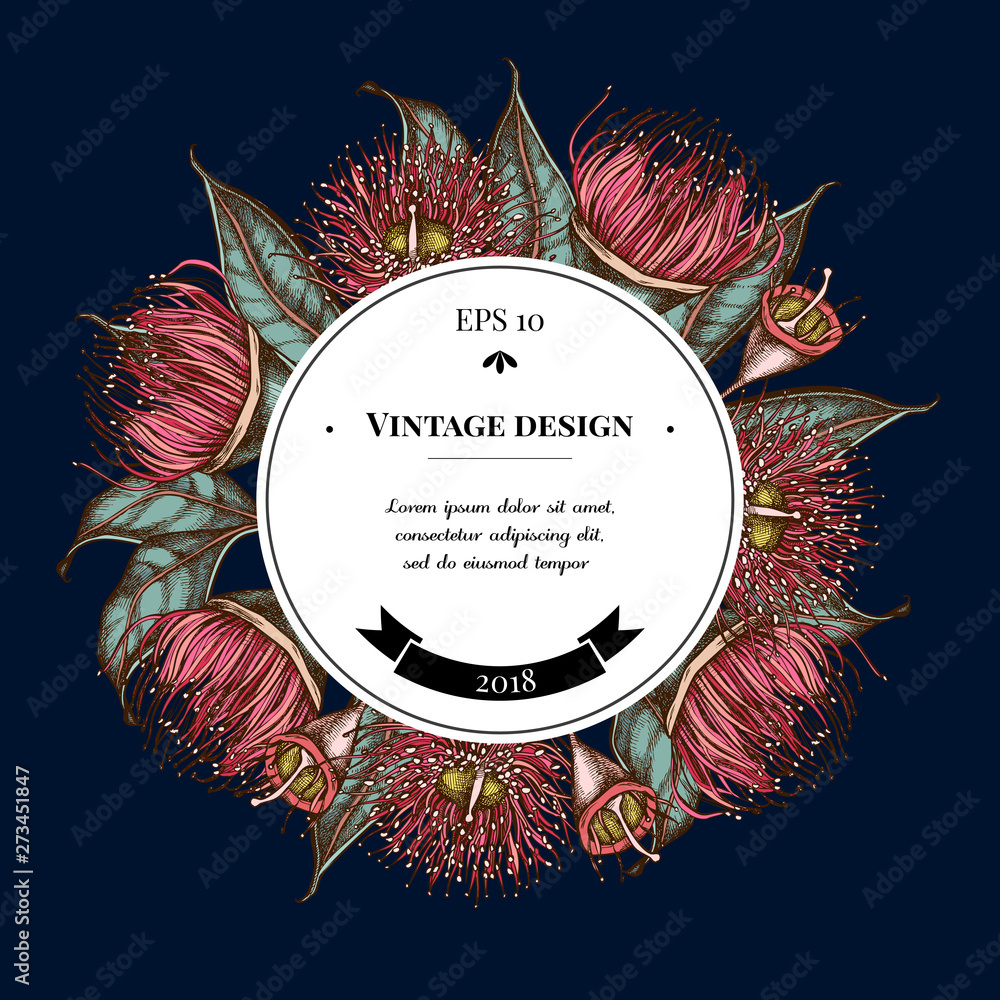 Badge over design with eucalyptus flower - obrazy, fototapety, plakaty 