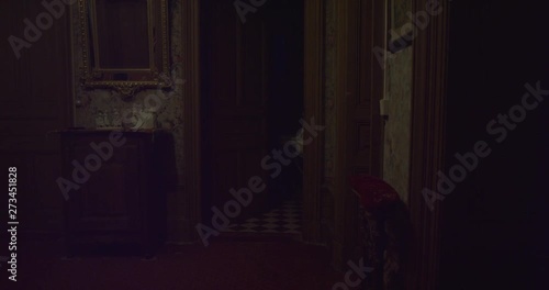 Door of old haunted bathroom opening itself in an abandoned house. Ghost, Spirit or Demon. Gold mirror on the side and old objects. Old chestnut wood and old scary wallpaper. Shot on RED EPIC 6K.