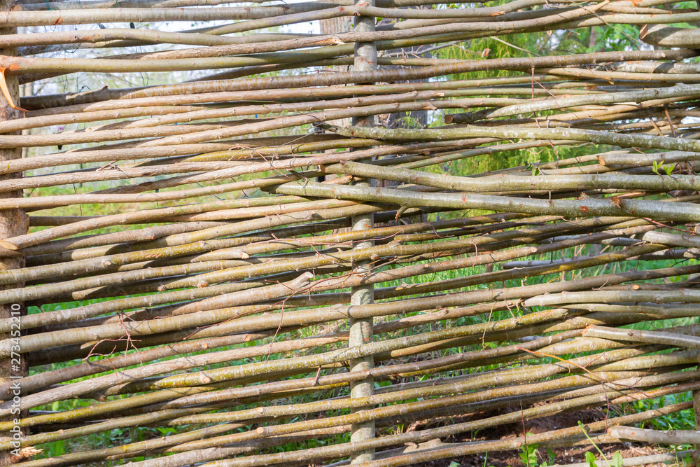 A fence made of tree branches woven together A fence made of tree branches woven together