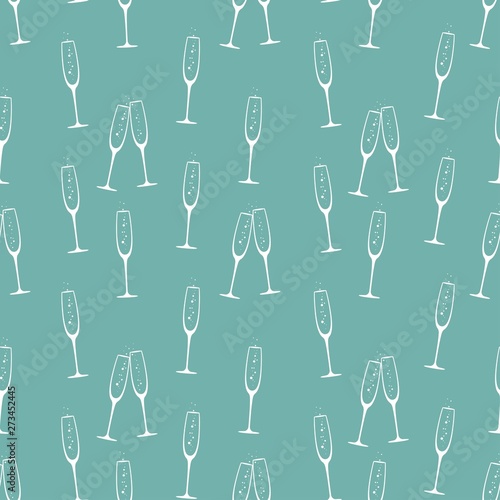 seamless pattern with champagne glasses. White simple ornament on blue background.