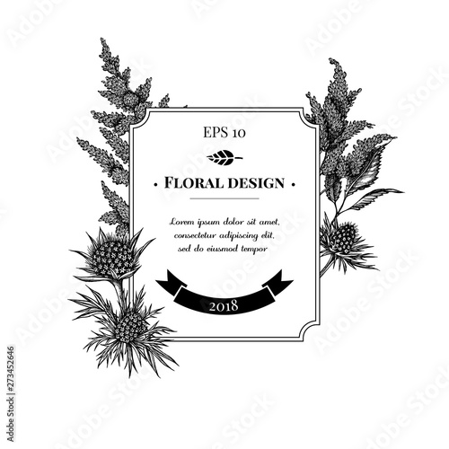 Badge design with black and white astilbe, craspedia, blue eryngo