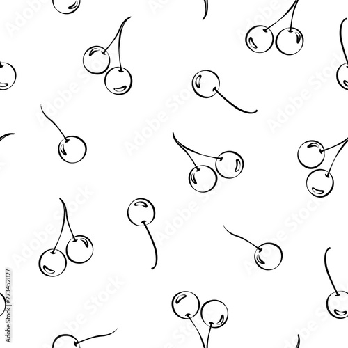 Seamless pattern with black line cherries on white background. Vector illustration.