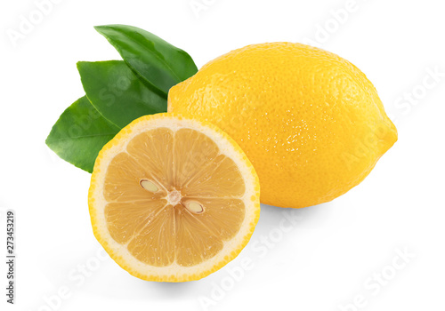 lemon fruit with half and leaf isolated on white background