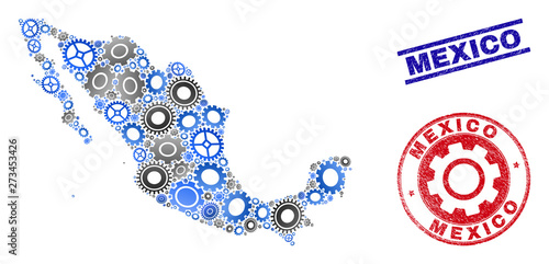 Workshop vector Mexico map mosaic and stamps. Abstract Mexico map is created of gradiented random cogs. Engineering geographic scheme in gray and blue colors,