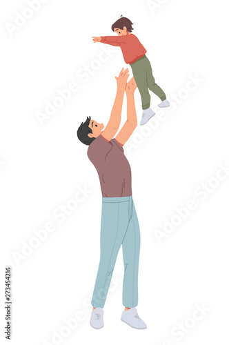 Father throwing his son. Man throws little boy up and catching him. Parent playing with kid