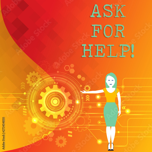 Word writing text Ask For Help. Business photo showcasing Use powers completely taking support from showing around you Woman Standing and Presenting the SEO Process with Cog Wheel Gear inside
