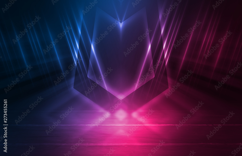 Empty background scene. Dark street reflection on wet asphalt. Rays of neon light in the dark, neon figures, smoke. Background of empty stage show. Abstract dark background. Empty background scene. Dark street reflection on wet asphalt. Rays of neon light in the dark, neon figures, smoke. Background of empty stage show. Abstract dark background.
