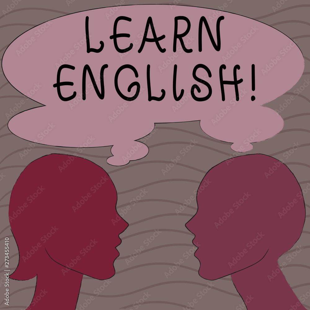Word writing text Learn English. Business photo showcasing gain acquire knowledge in new language by study Silhouette Sideview Profile Image of Man and Woman with Shared Thought Bubble