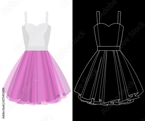 Tutu dress image with white outline silhouette on black