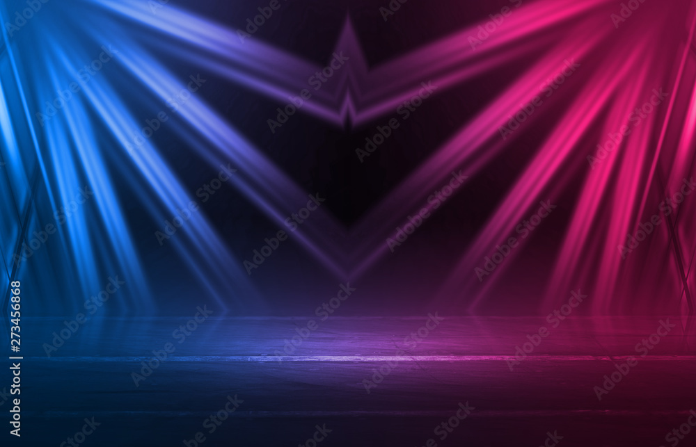 Empty background scene. Dark street reflection on wet asphalt. Rays of neon light in the dark, neon figures, smoke. Background of empty stage show. Abstract dark background. Empty background scene. Dark street reflection on wet asphalt. Rays of neon light in the dark, neon figures, smoke. Background of empty stage show. Abstract dark background.