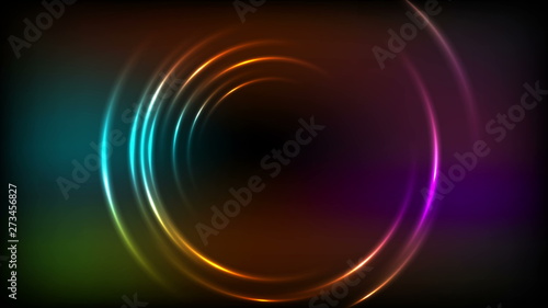 Shiny glowing colorful neon rings abstract background