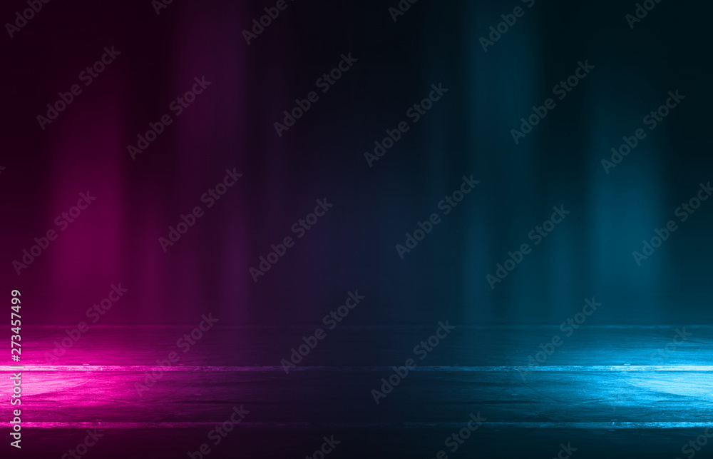 Fototapeta premium Empty background scene. Dark street reflection on wet asphalt. Rays of neon light in the dark, neon figures, smoke. Background of empty stage show. Abstract dark background.