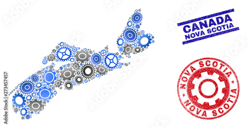 Industrial vector Nova Scotia Province map mosaic and stamps. Abstract Nova Scotia Province map is designed of gradient scattered cogs. Engineering geographic plan in gray and blue colors,