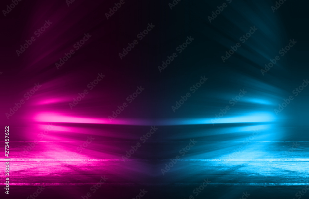Empty background scene. Dark street reflection on wet asphalt. Rays of neon light in the dark, neon figures, smoke. Background of empty stage show. Abstract dark background. Empty background scene. Dark street reflection on wet asphalt. Rays of neon light in the dark, neon figures, smoke. Background of empty stage show. Abstract dark background.
