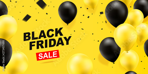Black friday sale banner template design. Discount sale, half price. Black and yellow balloons on a yellow background.Vector illustration.