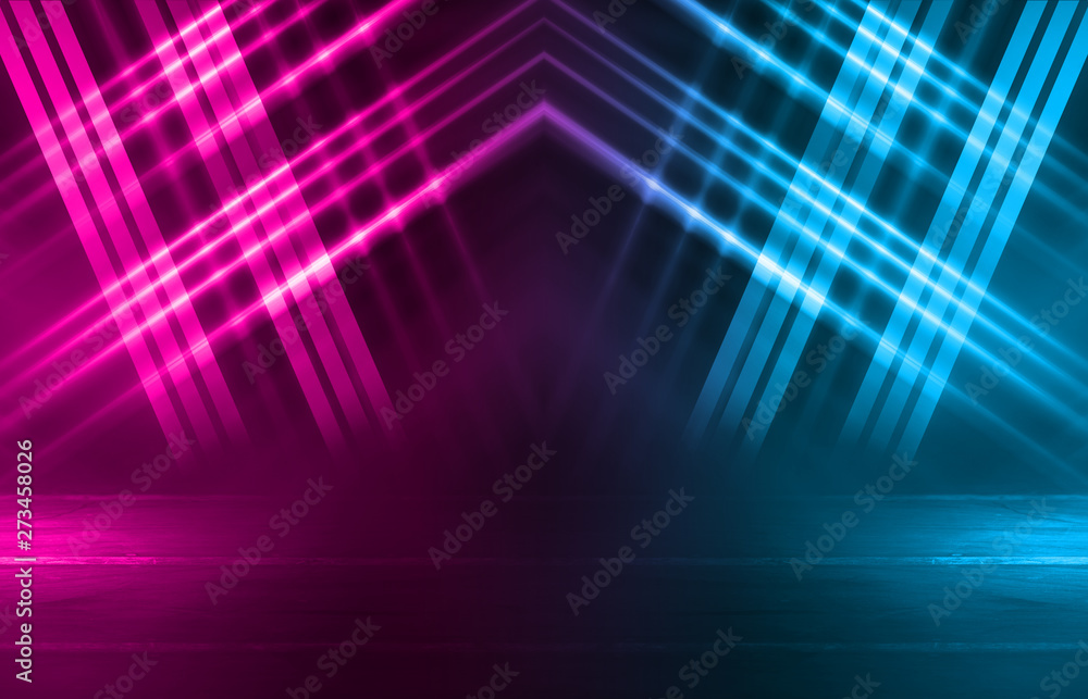 Empty background scene. Dark street reflection on wet asphalt. Rays of neon light in the dark, neon figures, smoke. Background of empty stage show. Abstract dark background. Empty background scene. Dark street reflection on wet asphalt. Rays of neon light in the dark, neon figures, smoke. Background of empty stage show. Abstract dark background.