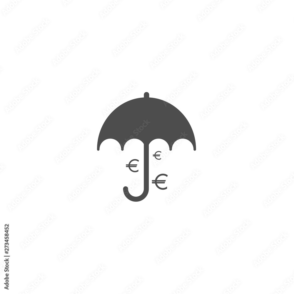 Black umbrella with black euro signs under it. Vector flat icon isolated on white. Money Rain. Money Black umbrella with black euro signs under it. Vector flat icon isolated on white. Money Rain. Money