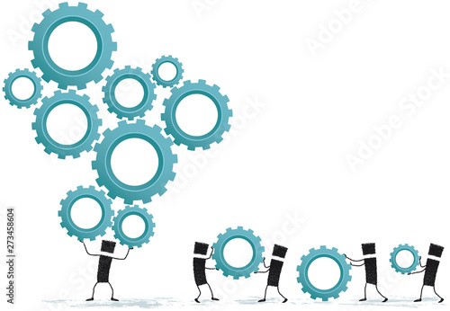 More difficult still, isolated on white background. A stick figure holding on his head a lot of gear. Other stick figures bring more gear to make it more difficult to work.