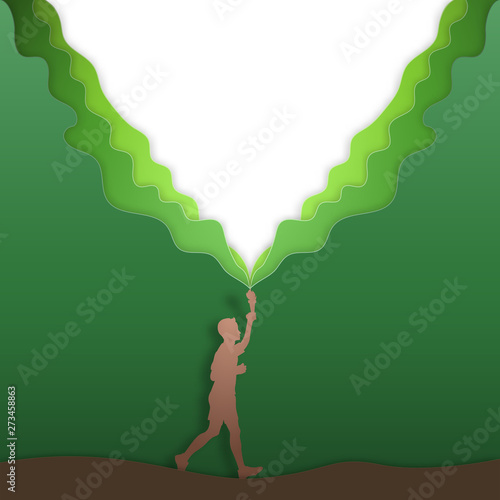 Paper art and cut style of Athletes with a flaming torch that represent peace, harmony, green nature and the environment concept. vector illustration.