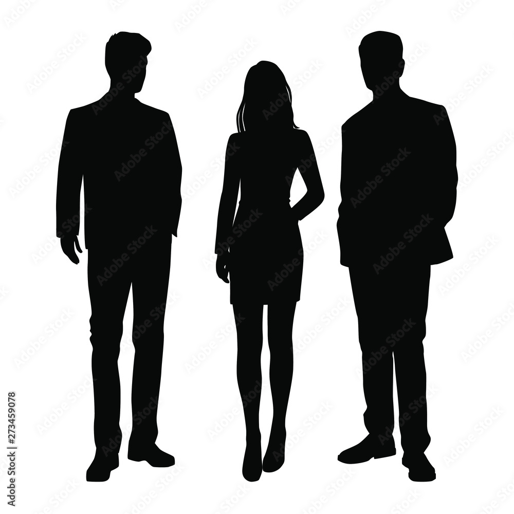 Vector silhouettes of  men and a woman, a group of standing business people, black color isolated on white background