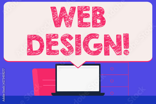 Text sign showing Web Design. Business photo showcasing process of creating websites content production and graphic Blank Huge Speech Bubble Pointing to White Laptop Screen in Workspace Idea