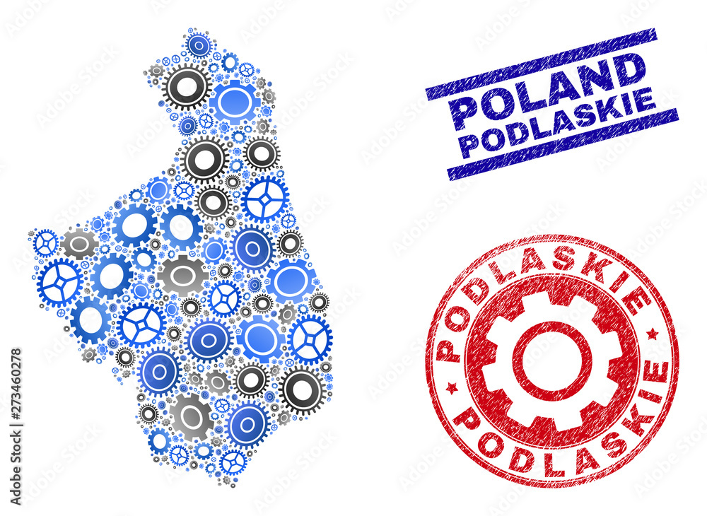 Mechanics vector Podlaskie Voivodeship map mosaic and stamps. Abstract Podlaskie Voivodeship map is formed of gradient scattered gears. Engineering territory scheme in gray and blue colors, Mechanics vector Podlaskie Voivodeship map mosaic and stamps. Abstract Podlaskie Voivodeship map is formed of gradient scattered gears. Engineering territory scheme in gray and blue colors,