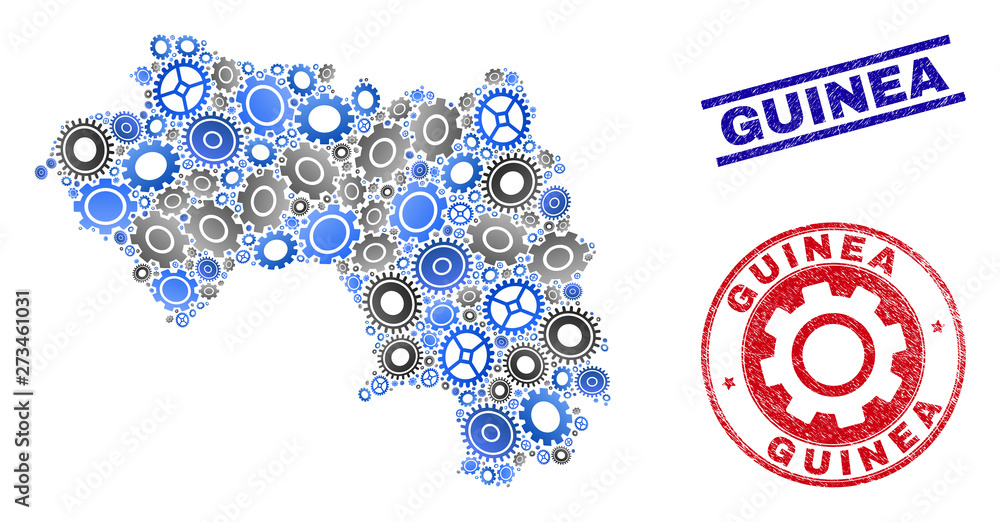 Repair service vector Republic of Guinea map composition and seals. Abstract Republic of Guinea map is composed of gradient random cogwheels. Engineering territory scheme in gray and blue colors, Repair service vector Republic of Guinea map composition and seals. Abstract Republic of Guinea map is composed of gradient random cogwheels. Engineering territory scheme in gray and blue colors,