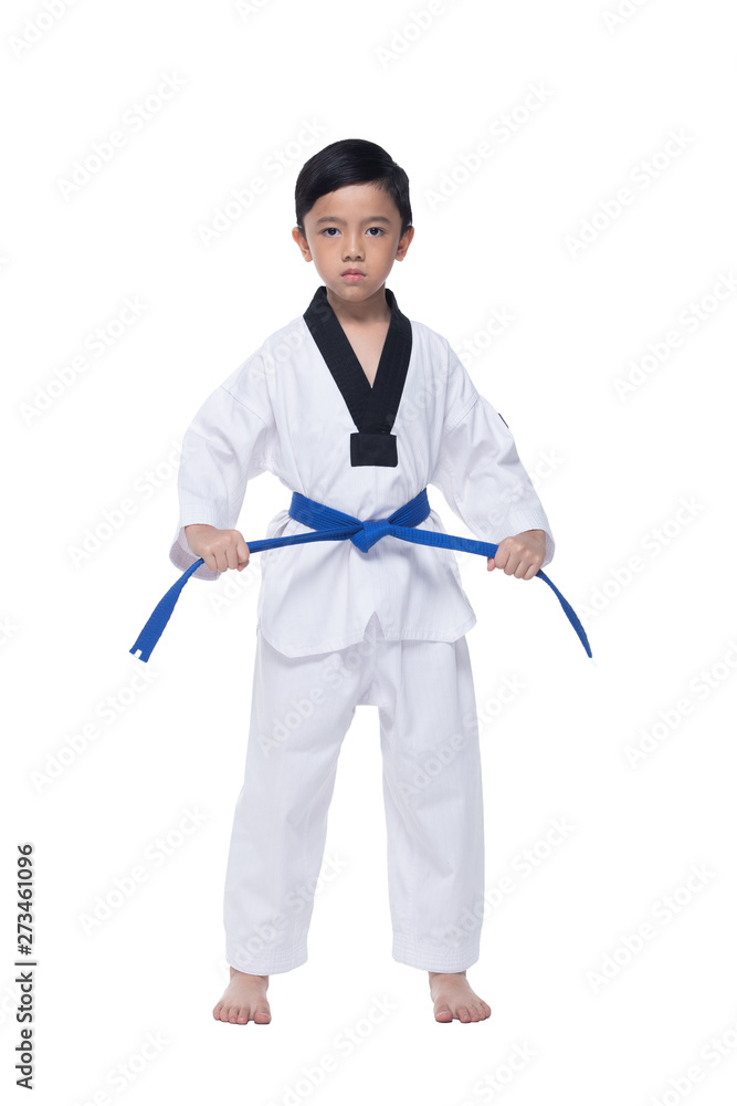 Master Blue Belt TaeKwonDo Kid show fighting pose, Asian Teenager Boy athletes exercise warm up in white uniform pants bare foots, studio lighting white background copy space Master Blue Belt TaeKwonDo Kid show fighting pose, Asian Teenager Boy athletes exercise warm up in white uniform pants bare foots, studio lighting white background copy space