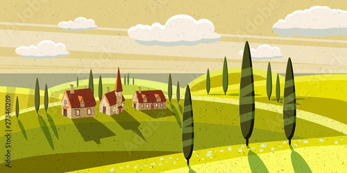 Lovely countryside, farm, village, grazing cows, sheep flowers clouds Cartoon style vector