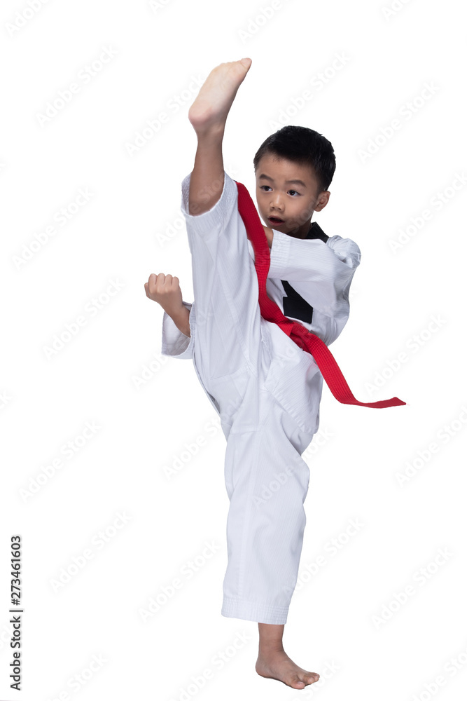 Master Red Belt TaeKwonDo Kid show fighting pose, Asian Teenager Boy  athletes exercise warm up in white uniform pants bare foots, studio  lighting white background copy space Stock Photo | Adobe Stock