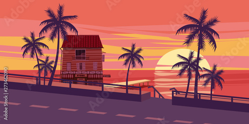 Lovely sunset, sea, road, trees, house with mooring cartoon style vector