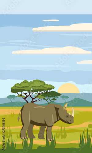 Rhinoceros on the background of the African landscape  savanna  Cartoon style