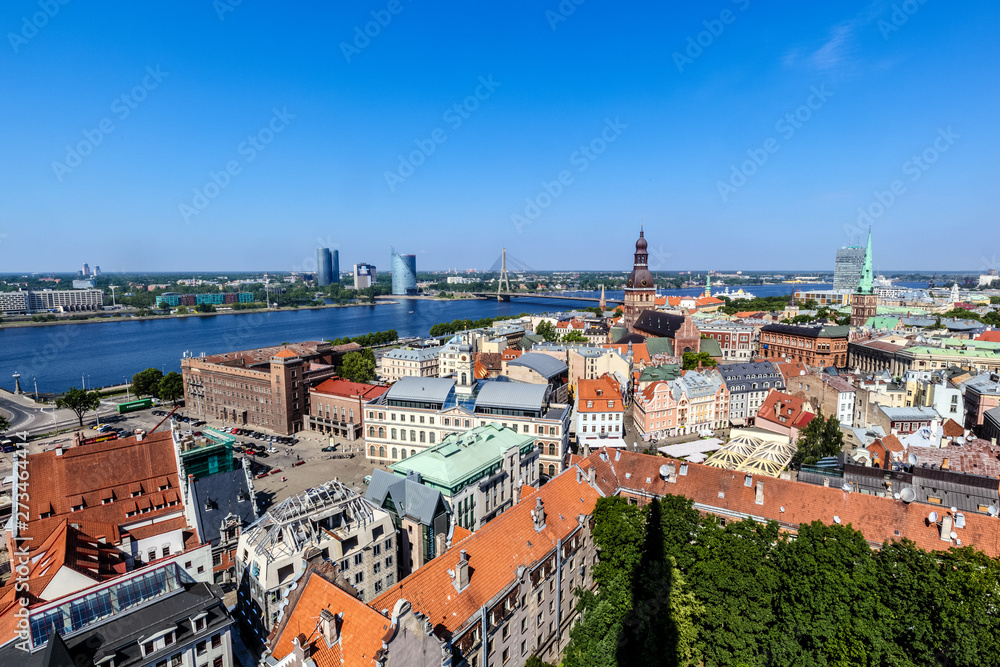 View over the old town of Riga, Latvia, to the Daugava river. Shot from the bell tower of St. Peter.