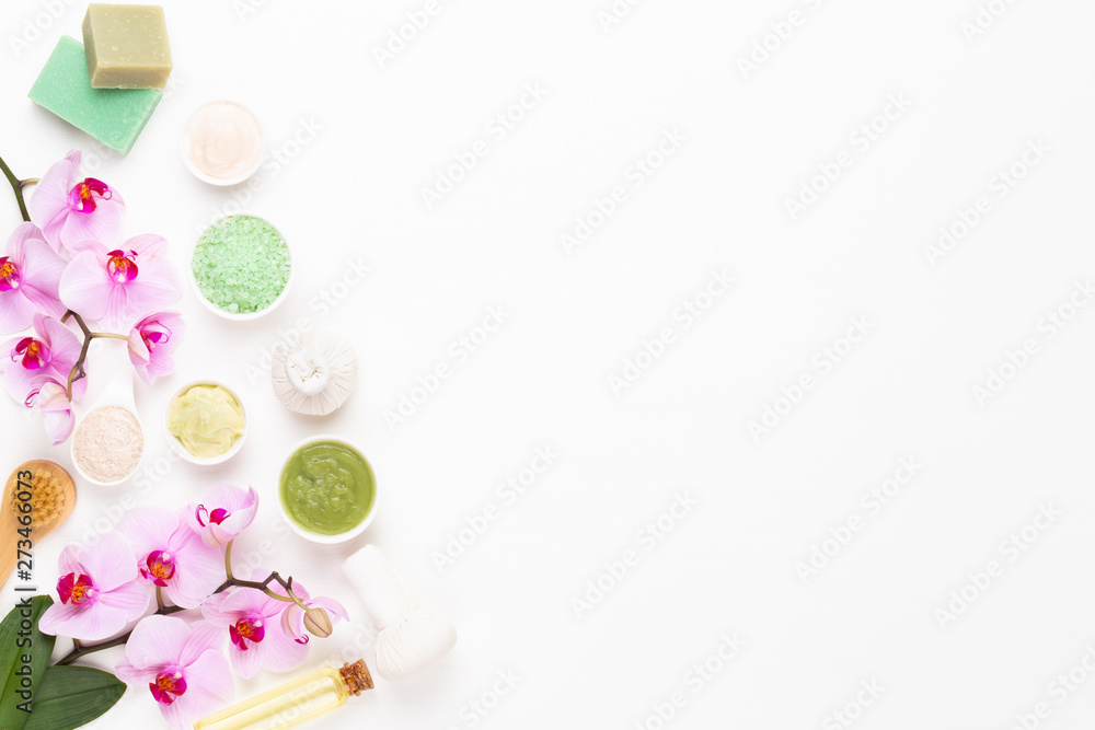 Spa still life with aromatherapy, herbal oil, soap, sea salt. Spa still life with aromatherapy, herbal oil, soap, sea salt.