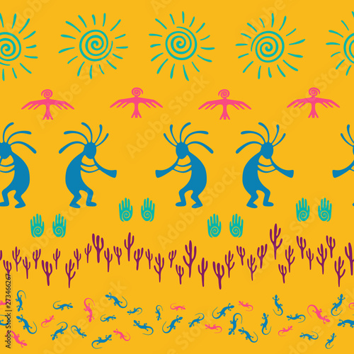 Folk  design with lizard  Kokopelli fertility deity  sun  eagle  cacti.