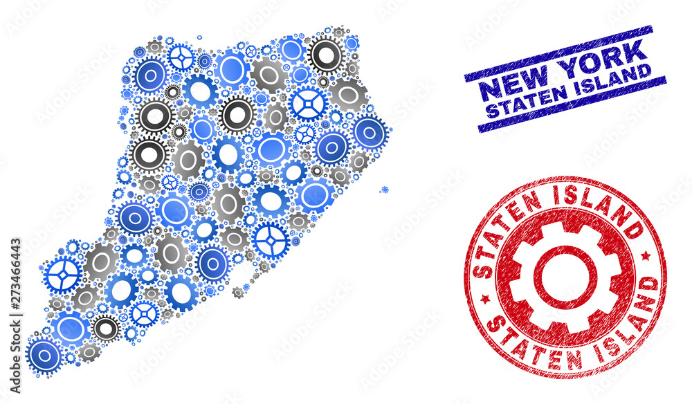 Repair workshop vector Staten Island map mosaic and seals. Abstract Staten Island map is composed with gradiented randomized gear wheels. Engineering territorial scheme in gray and blue colors, Repair workshop vector Staten Island map mosaic and seals. Abstract Staten Island map is composed with gradiented randomized gear wheels. Engineering territorial scheme in gray and blue colors,