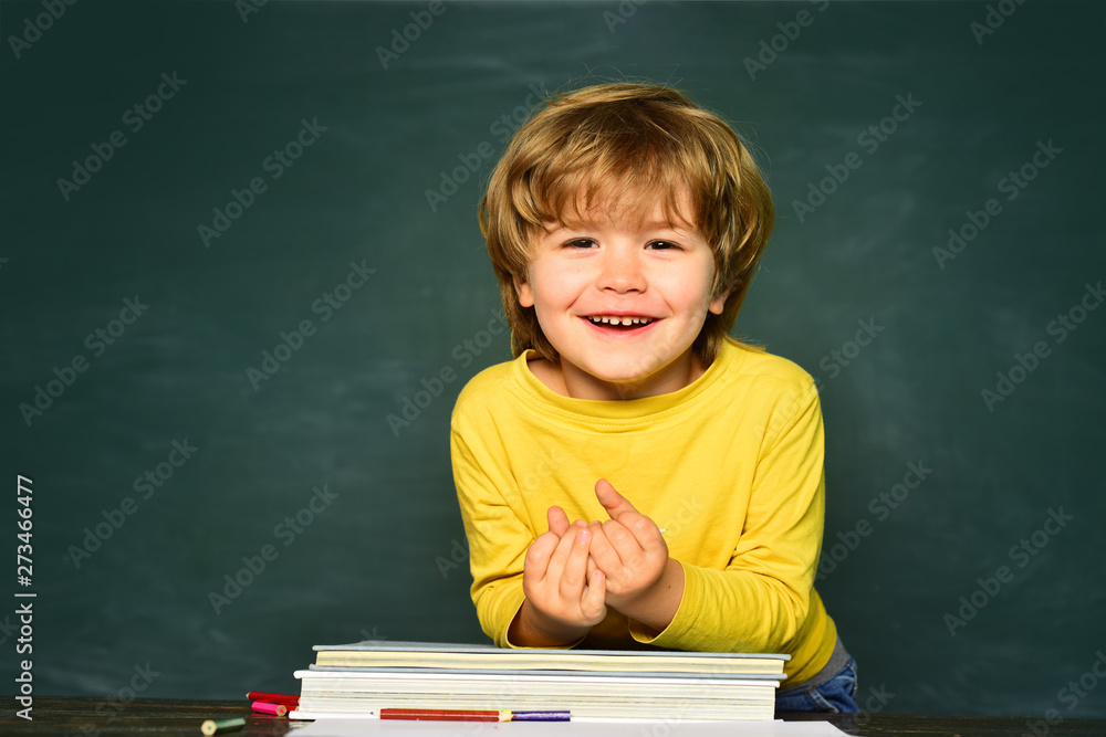 Back to school and happy time. Cute little preschool kid boy in a classroom. Blackboard copy space. Learning concept. Preschooler.