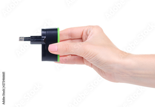 usb сharger in hand equipment on white background isolation