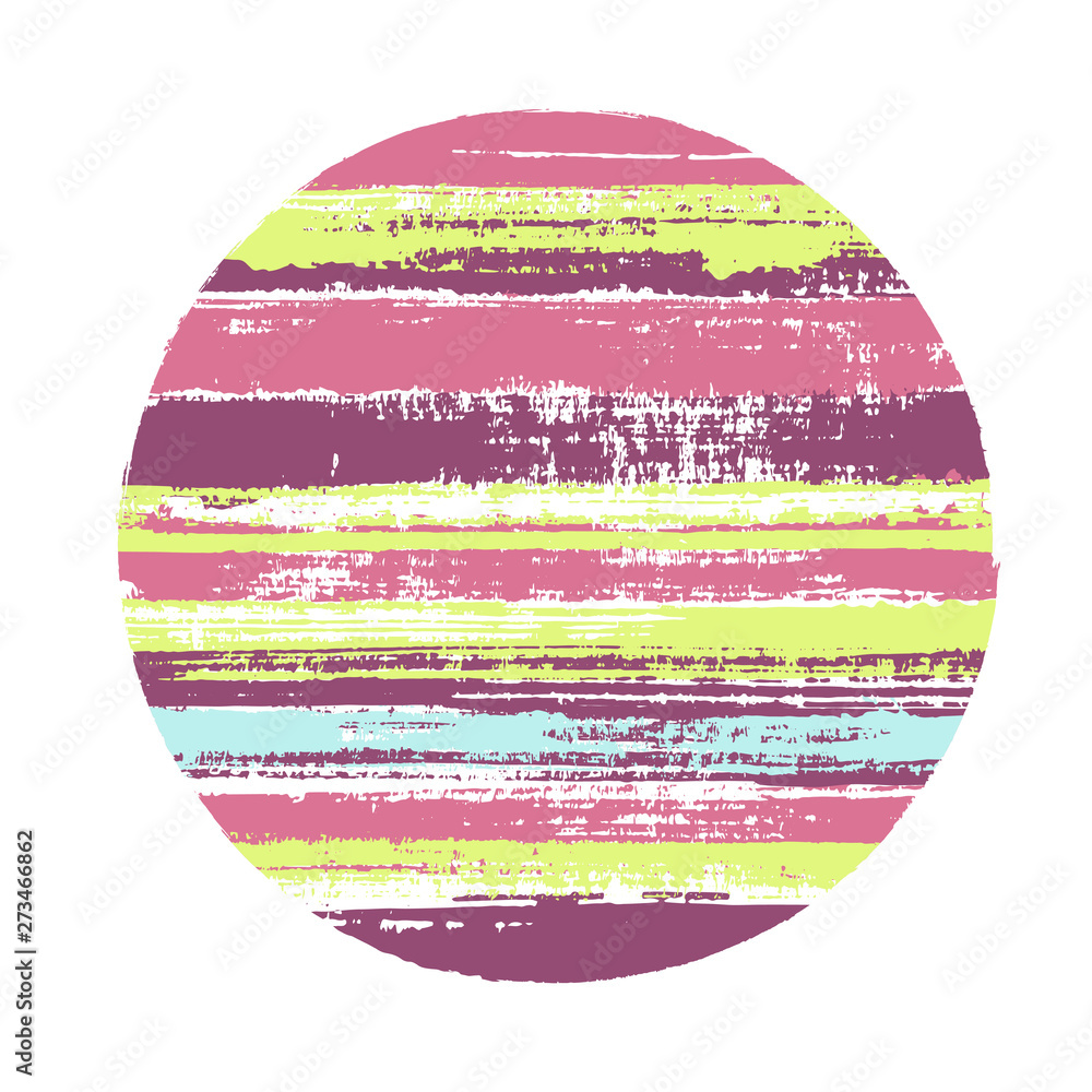 Modern circle vector geometric shape with stripes texture of paint horizontal lines. Disc banner with old paint texture. Emblem round shape logotype circle with grunge stripes background.