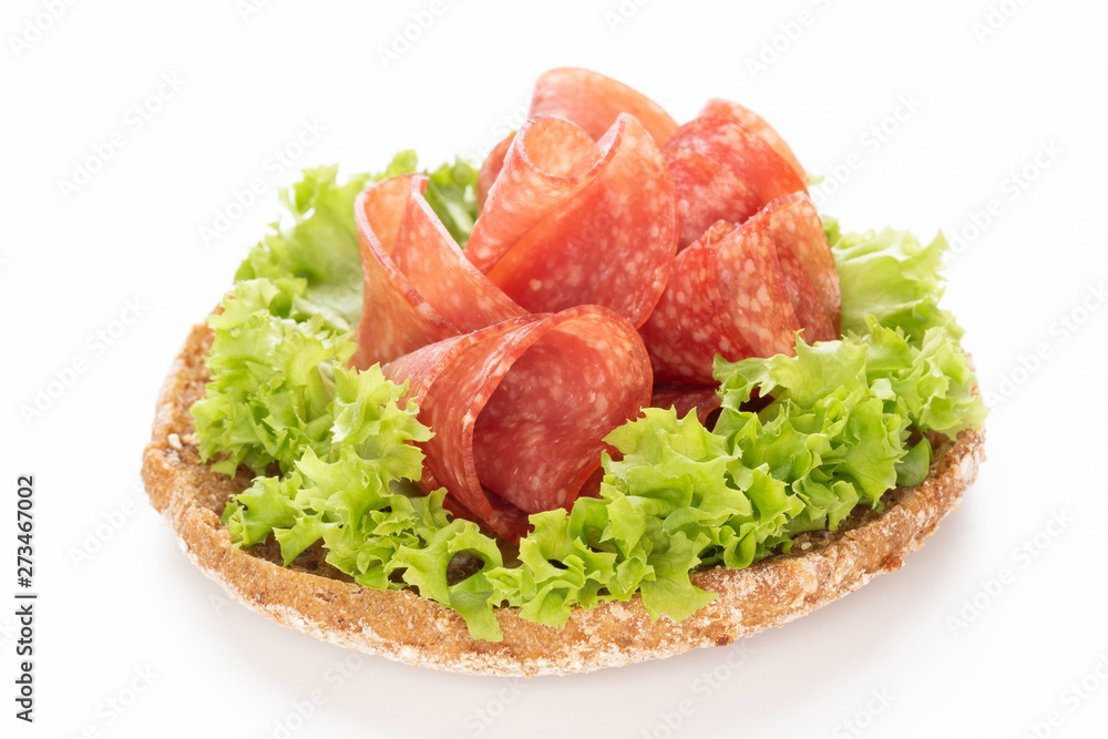 Sandwich with salami sausage on white background. Sandwich with salami sausage on white background.
