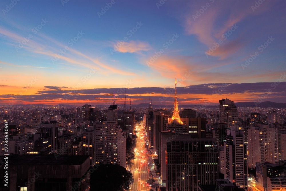 Aerial view of sunset in Sao Paulo city, Brazil. Great sunset scene. Fantastic landscape. Business city. Business travel. Business concept. Sunset collection. Colored sky. Dusk sky scenery. 