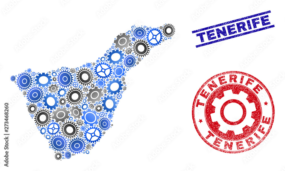 Gear vector Tenerife map composition and seals. Abstract Tenerife map is organized with gradient random cogs. Engineering territorial plan in gray and blue colors,