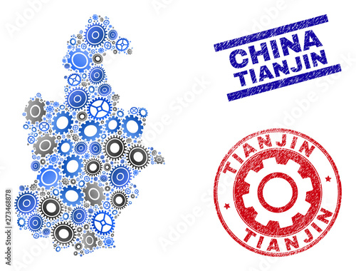 Gear vector Tianjin City map composition and seals. Abstract Tianjin City map is created with gradient random gearwheels. Engineering geographic scheme in gray and blue colors,