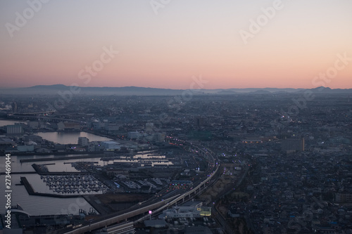 Sunrise over Osaka city in Japan