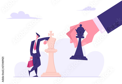 Business Strategy. Strategist Hold in Hand Chess Figure Black King Tilting White King Piece. Victory in Battle. Winning Success. Checkmate or Loss in Business Concept. Cartoon Flat Vector Illustration