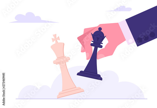 Business Strategy. Black King Tilting White King Chess Piece. Victory in Battle Concept, Planning and Management, Winning Success, Checkmate or Loss in Business. Cartoon Flat Vector Illustration