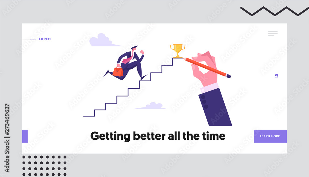 Business Man Aiming to Ladder Top with Gold Cup. Businessman Character Running Up Stairs to Reach Success. Goal Achievement Website Landing Page, Web Page. Cartoon Flat Vector Illustration, Banner